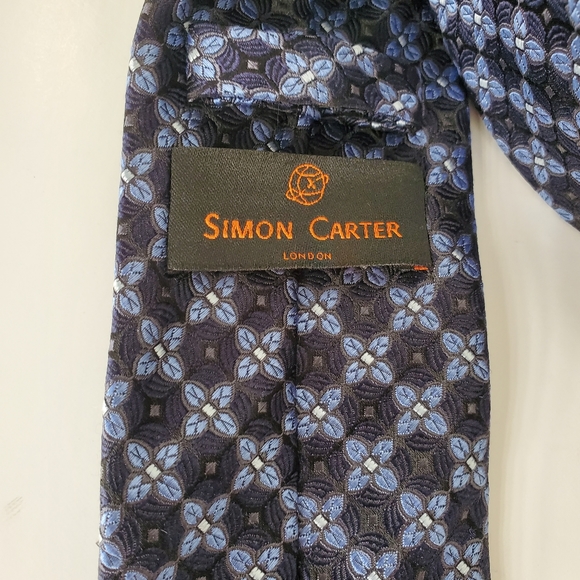 SIMON CARTER London Men's Tie Blue Embossed Jacquard Geometric Print 100% Silk - Picture 4 of 6